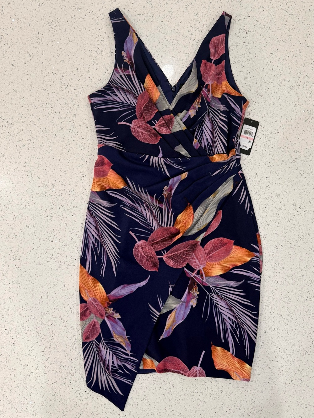 Guess Navy Floral Wrap-Style Mini Dress with Pink and Orange Leaves NWT Size 10